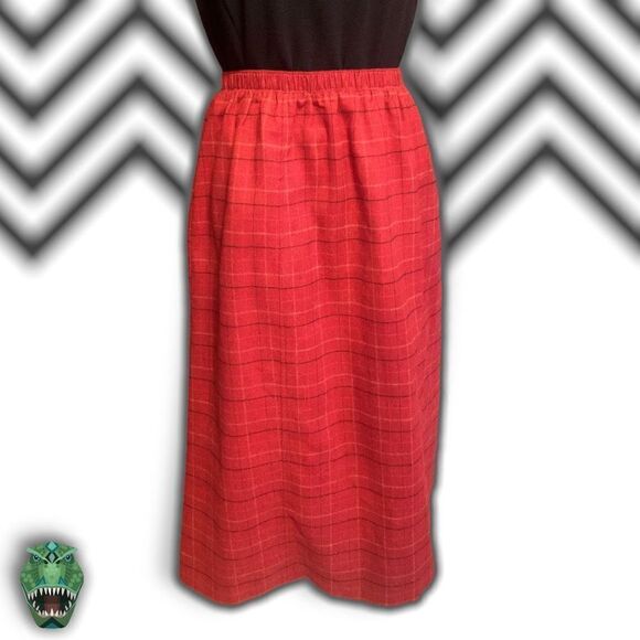 Vintage 1990’s Quirky Twee Schoolgirl Red & Black Elastic Waist Plaid Midi Skirt - Picture 4 of 6